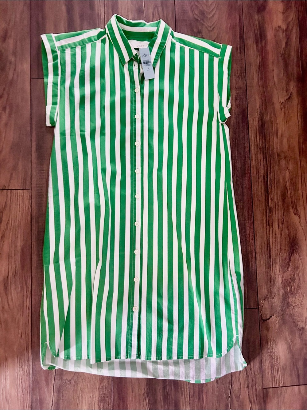 LOFT Green and White Striped Button-Up Shirt Dress